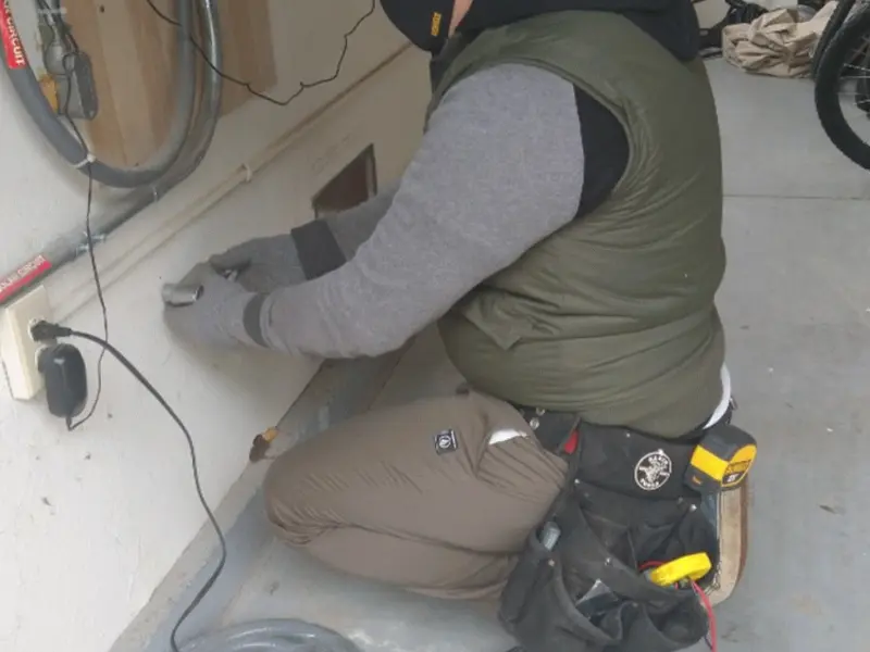 Electrician performing outlet wiring in a Nelson garage